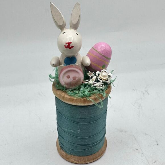 Tiny Easter Assemblage Holiday Decor - Wooden Spool with Bunny - Picture 2 of 6